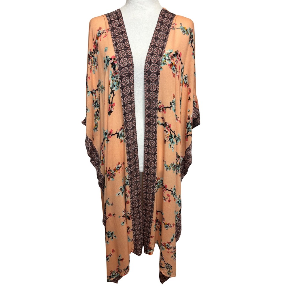Floral Kimono Cardigan Peach Cherry Blossom‎ Boho Tassel Wrap Beach Festival S/M